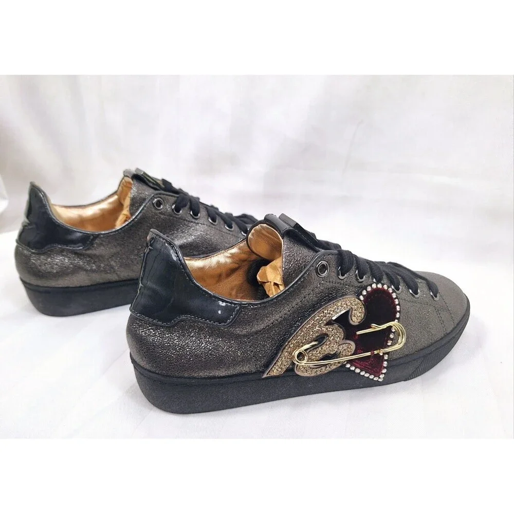 Hogl‎ Womens Metallic Pewter Leather Heart Safety Pin Sneakers Size 5.5